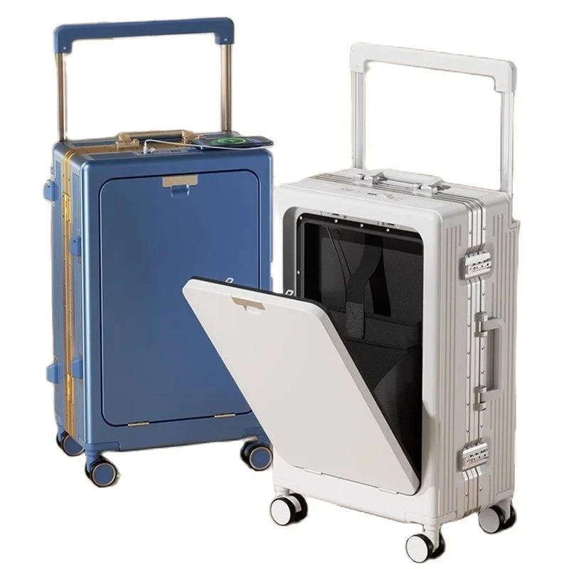 Front Opening Multi-Function USB Charging Port 20 Inch Boarding Lockbox Silver Wide Trolley Luggage Notebook Business Suitcase