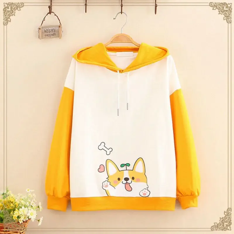 2025 New Casual Cat Printed Hoodie Ears Women\'s Teen Girls Kawaii Clothes Color Block Korean Kpop Pullover Sweatshirts Sudaderas