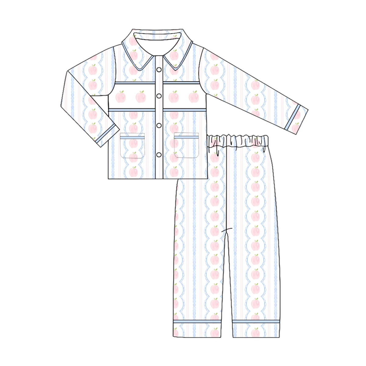 Apple Cartoon Printed Children's Long-Sleeved And Long Pants Set Boys And Girls New School Robe Baby Clothing Boutique
