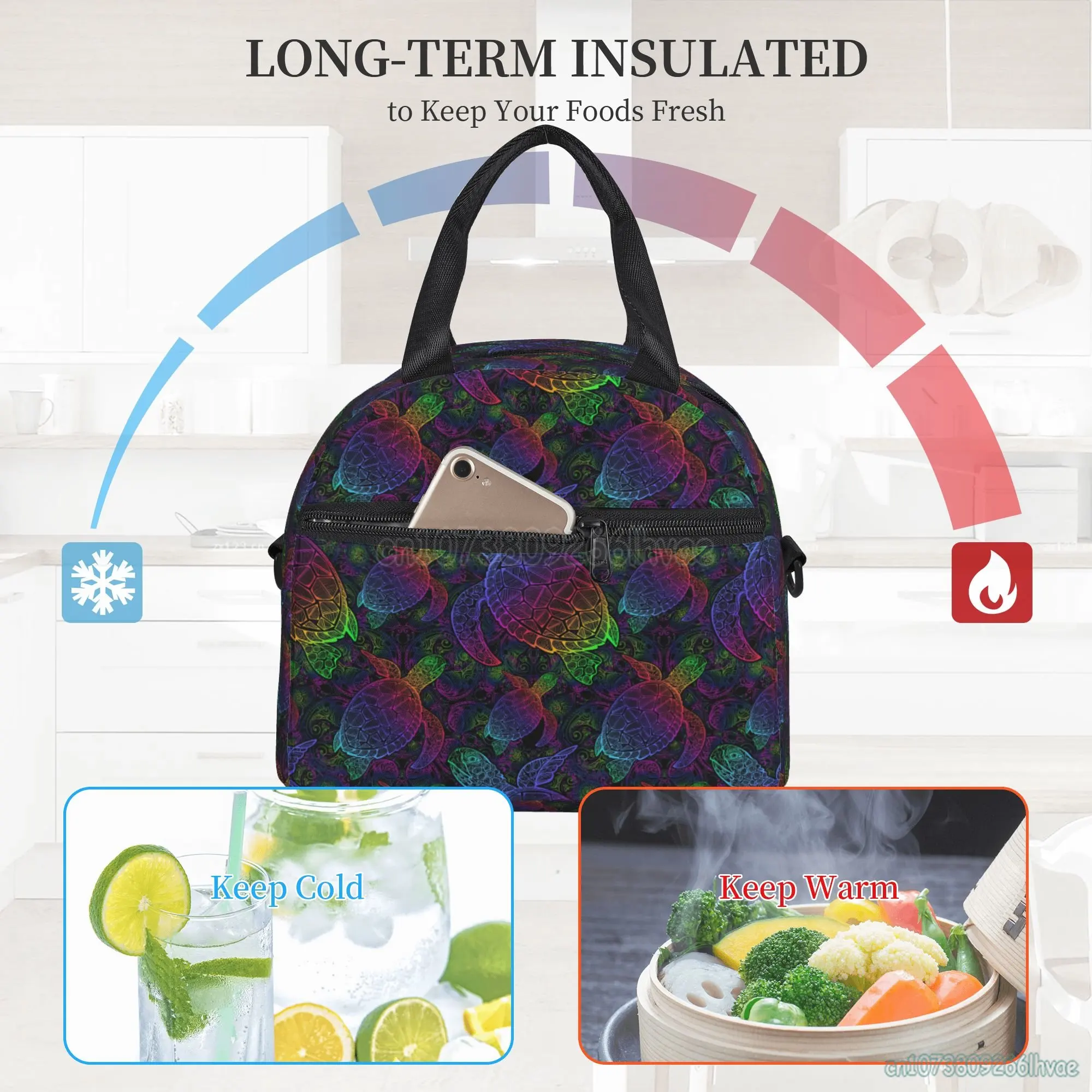 Colorful Sea Turtle Insulated Lunch Bag Cute Thermal Tote Bag with Shoulder Strap Reusable Cooler Bag Lunch Box for Girls Boys