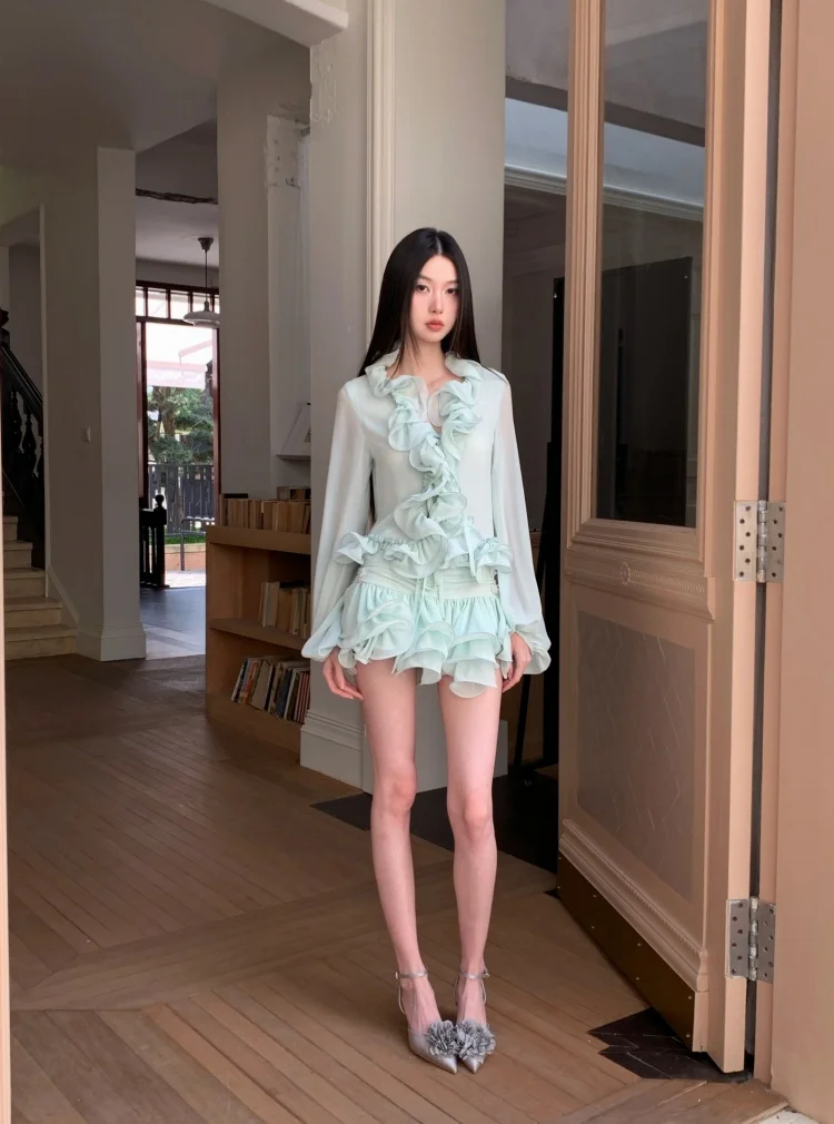 Dames retro mintgroen chiffon driedimensionaal gegolfd bloem geplooid slim fit vest speelse minirokset