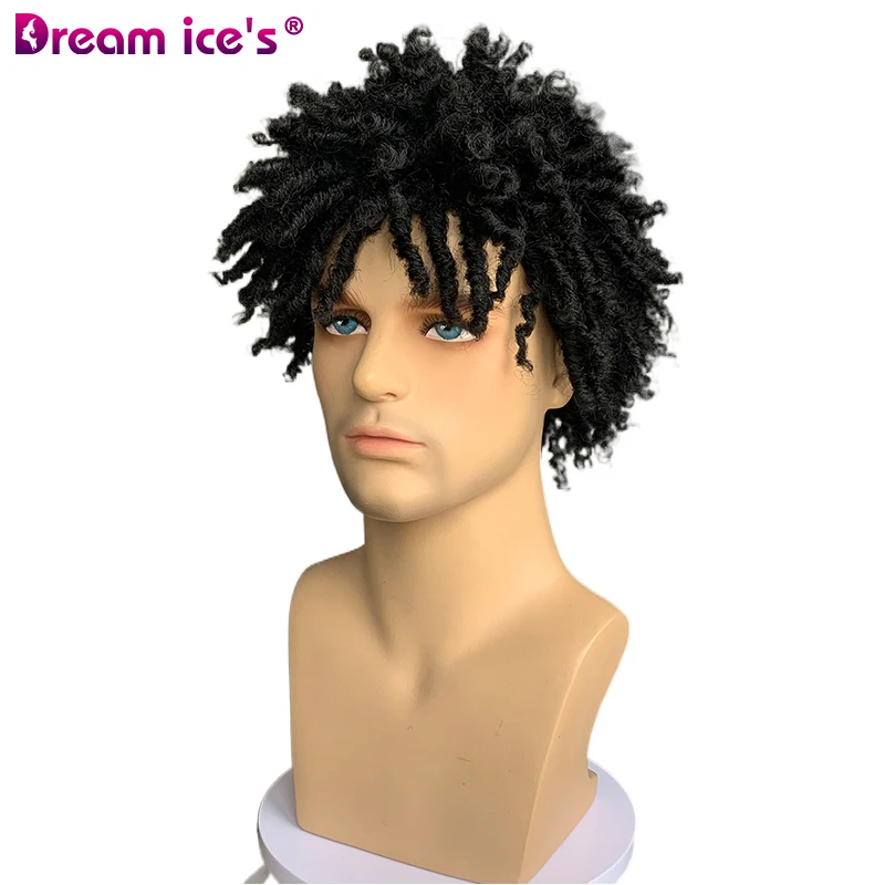 Short Black Braided Cury Synthetic Wigs With Bangs For Men Afro Kinky Curl Crochet Twist Natural Dreadlocks Hair Daily Wear Wigs