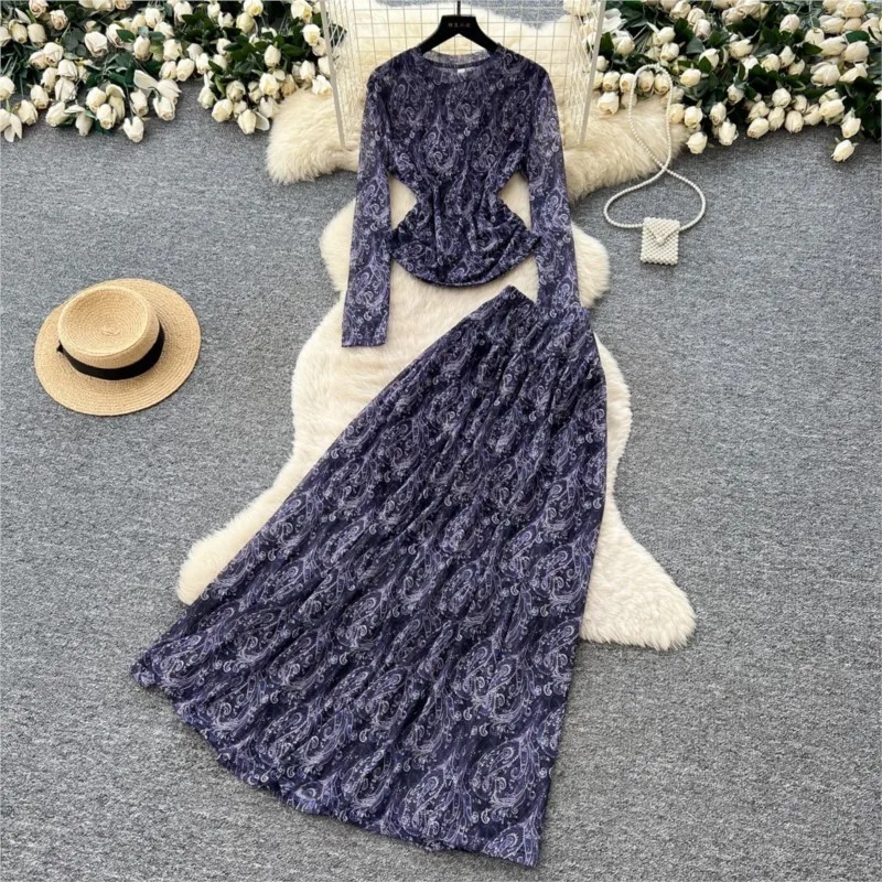 Women Elegant Print Skirt Sets Round Neck Full Sleeve Slim Tops Long Skirts A Line High Waist Autumn Streetwear Two Piece Sets - view 2