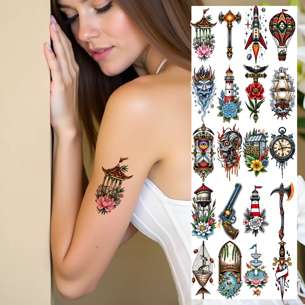 

28 шт., временные татуировки, топор и пламя, водонепроницаемые долговечные наклейки для тела, корабль и волны, маяк с синим цветком для