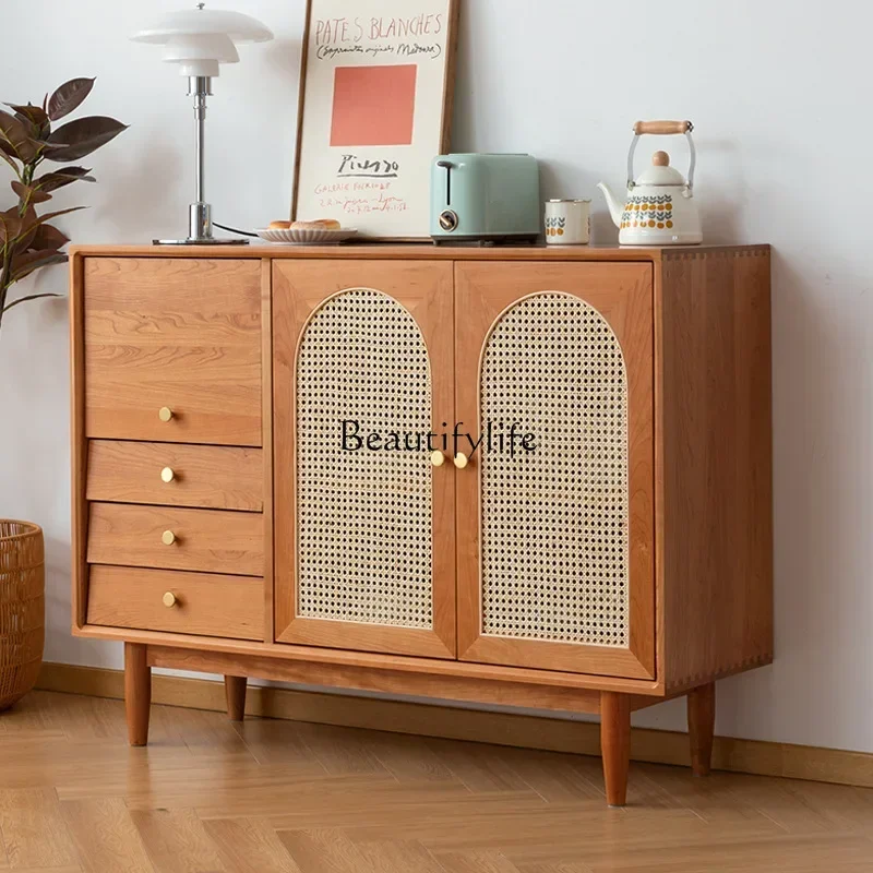 White oak side cabinet Nordic simple cherry wood rattan storage chest Japanese style