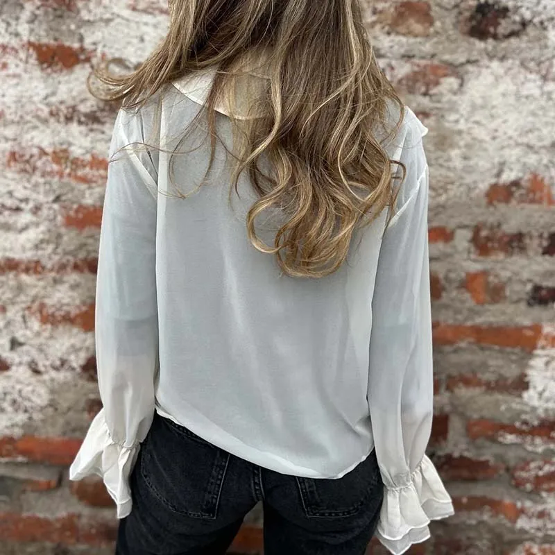 Women Elegant V Neck Lace Up Commuter Top Casual Streetwear Solid Color Ruffle Blouses Flare Sleeve Loose Autumn Chiffon Shirt