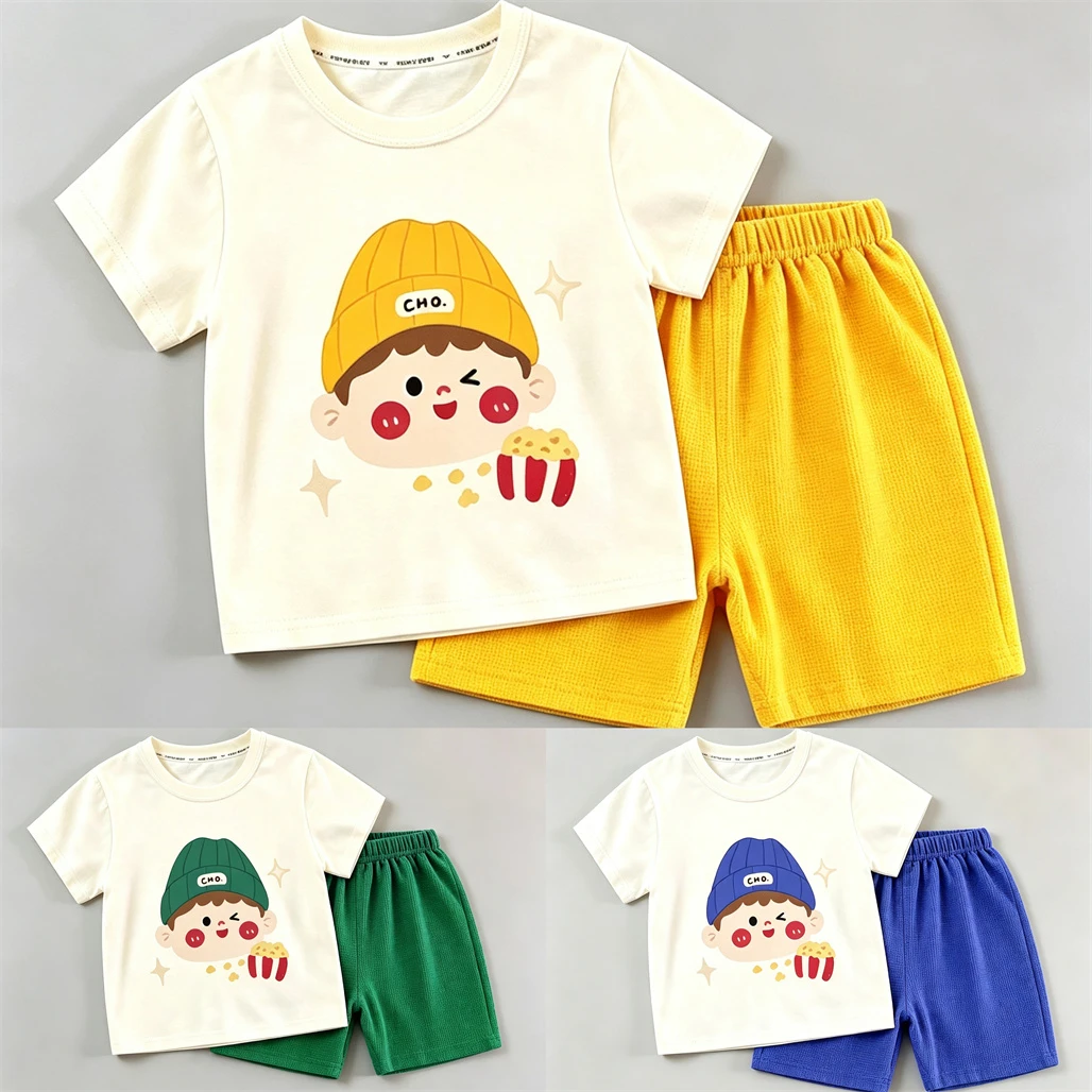 Casual Sports Clothes Short-sleeved Outfits New Design Printed TShirt Solid Color Shorts Summer Costume Kid Fashion Tracksuits
