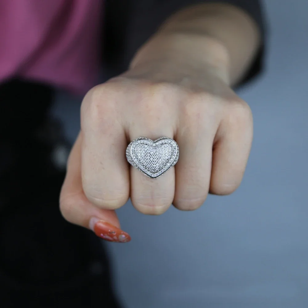 925 Silver Plated Big Heart Full Micro Paved Iced Out Bling Cubic Zirconia Hip Hop Ring Delicate Punk Jewelry For Men And Women view 5