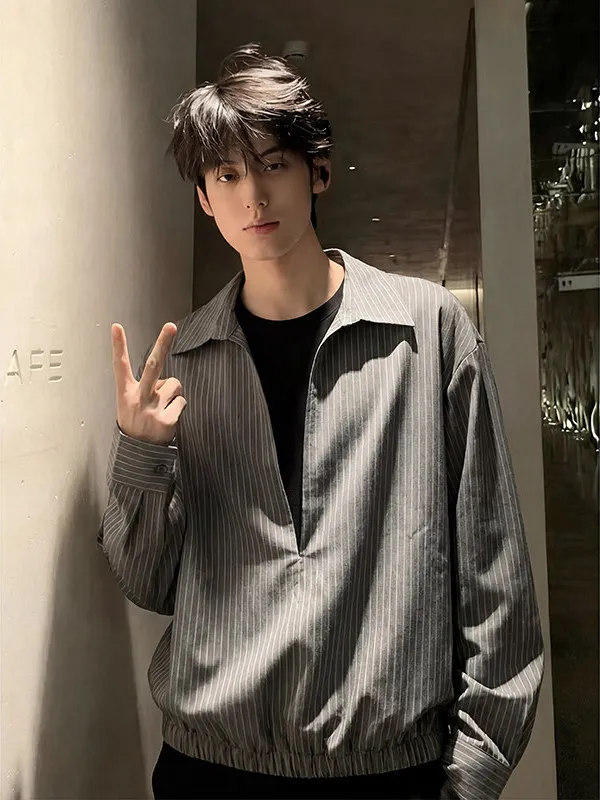 

American Sle Striped Long Sve V-Ne Collar Men's irt Spring Season Casual Fit Jaet Youthful Trend Outdoor Sport Office