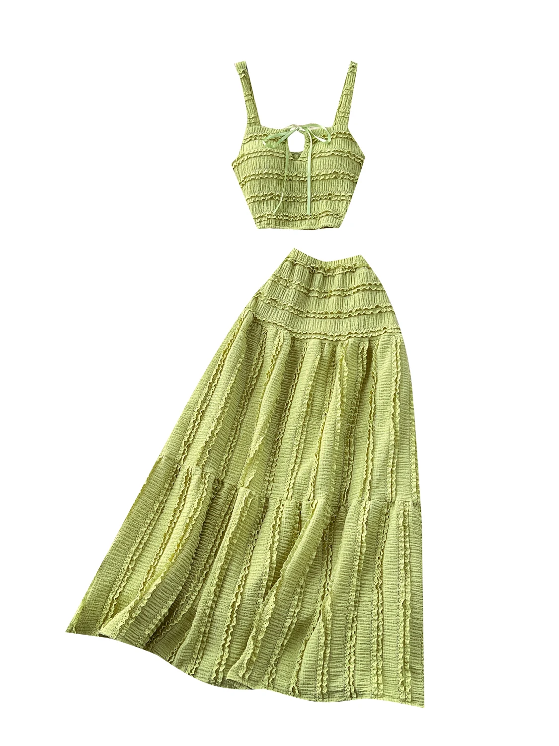 Conjunto F Estilo Doce com Top Curto de Gola Quadrada com Laço e Saia  Psada de Cintura Alta