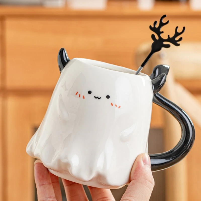 1pc 16oz Large Ceramic Halloween Devil Mug Adorable Cartoon Ghost Elf Kawaii Elves Porcelain Tea Cup Drinkware Gift for Kids