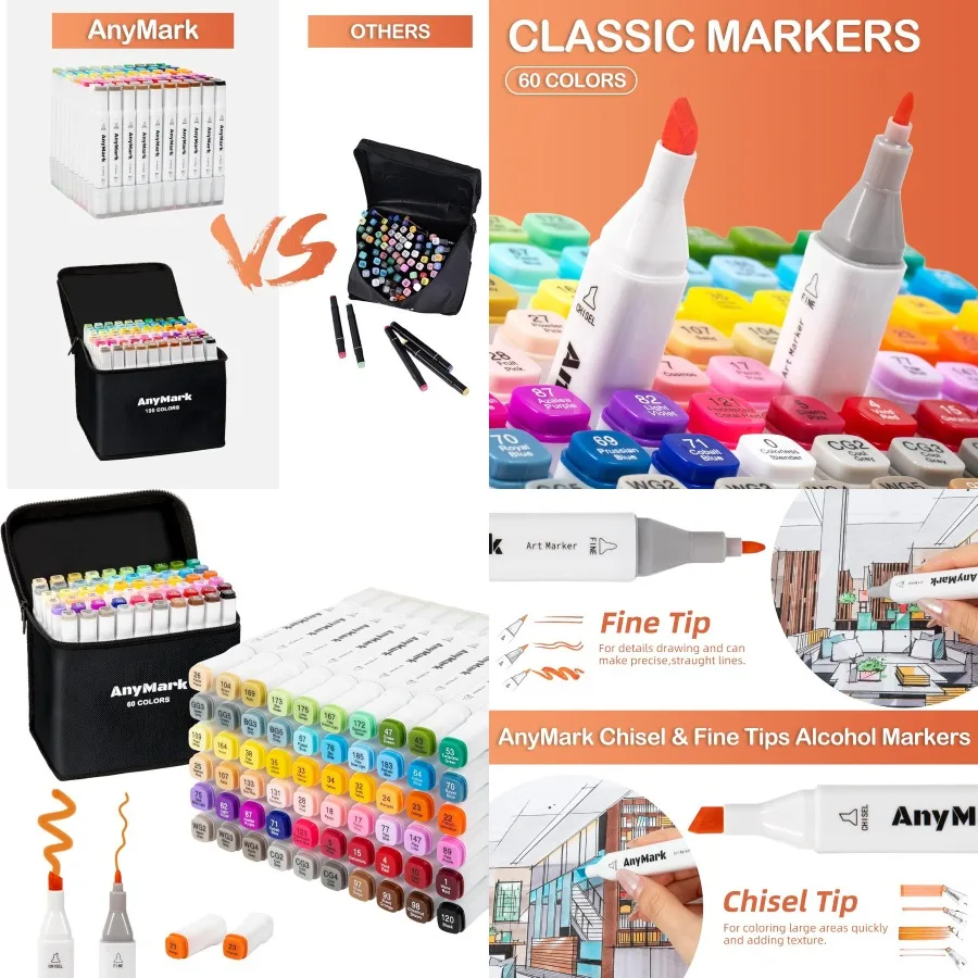 

AnyMark Alcohol Markers 60 Colors Dual Tip Art Coloring Markers Set for Adult Book Drawing Sketching Painting Chisel Fine White