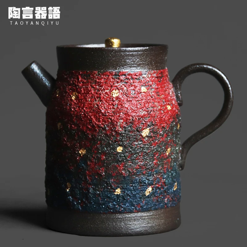 Gradient Stone Sand Pottery Hand held Small Tea Pot 24K Gold Painting Craft High grade Tea Brewing Pot Coffee Wine Single Pot