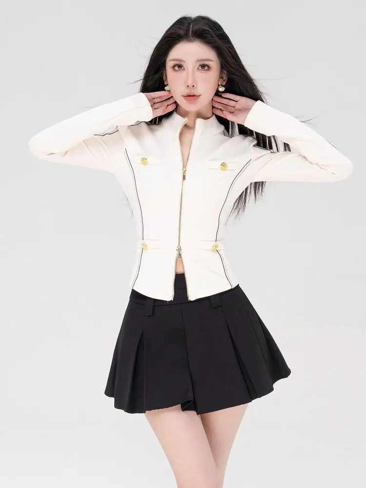 

Standing collar jacket short top high-waisted skirt two piece set Slim style 2024 fall