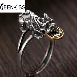 QEENKISS 925 Sterling Silver Ring for Women Men Vintage Adjustable Fortune PIXIU Coin Ring Fine Jewelries Wholesale Gift RG6918