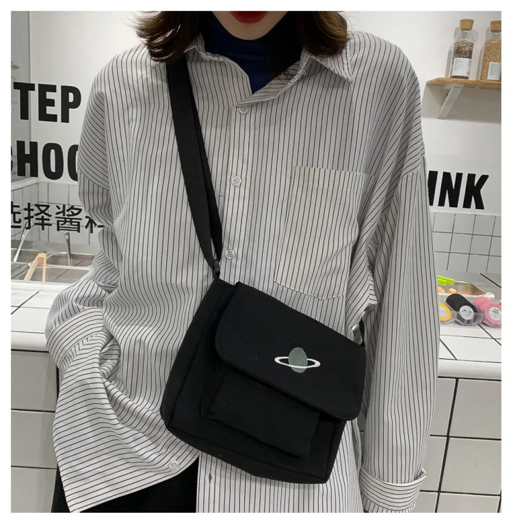 Simple Planet Embroidery Flap Canvas Crossbody Bag, Japanese Style Solid Lightweight Shoulder Bag for Students Daily Commute
