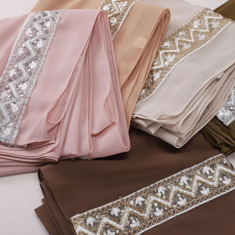 New Pearl Chiffon Embroidered Sequine Headscarf Malay Indonesian Fashion Lace Women Scarf Muslim Hijab Turban Shawls Wrap Stole