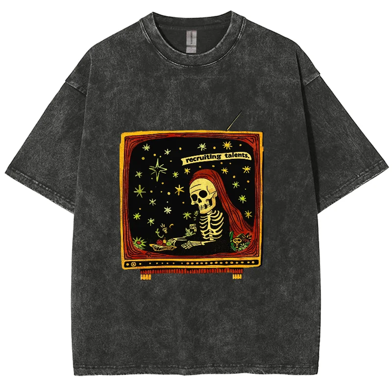 

Cartoon Skeleton Retro TV With Recruiting Talents, Fashion Y2K Washed T-shirt, Oversized Streetwear Washed Tshirts For Men Women