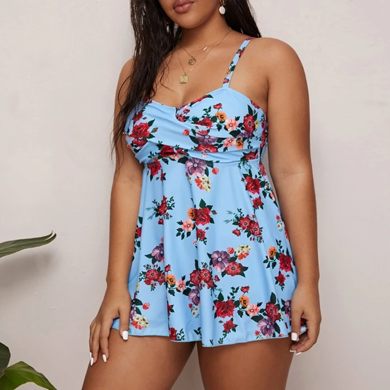 2023 New Big Size Tankini Swimsuits for Women Floral Print Twist Front Flowy Swimdress with Bikini Bottom 2 Piece Bathing Suits