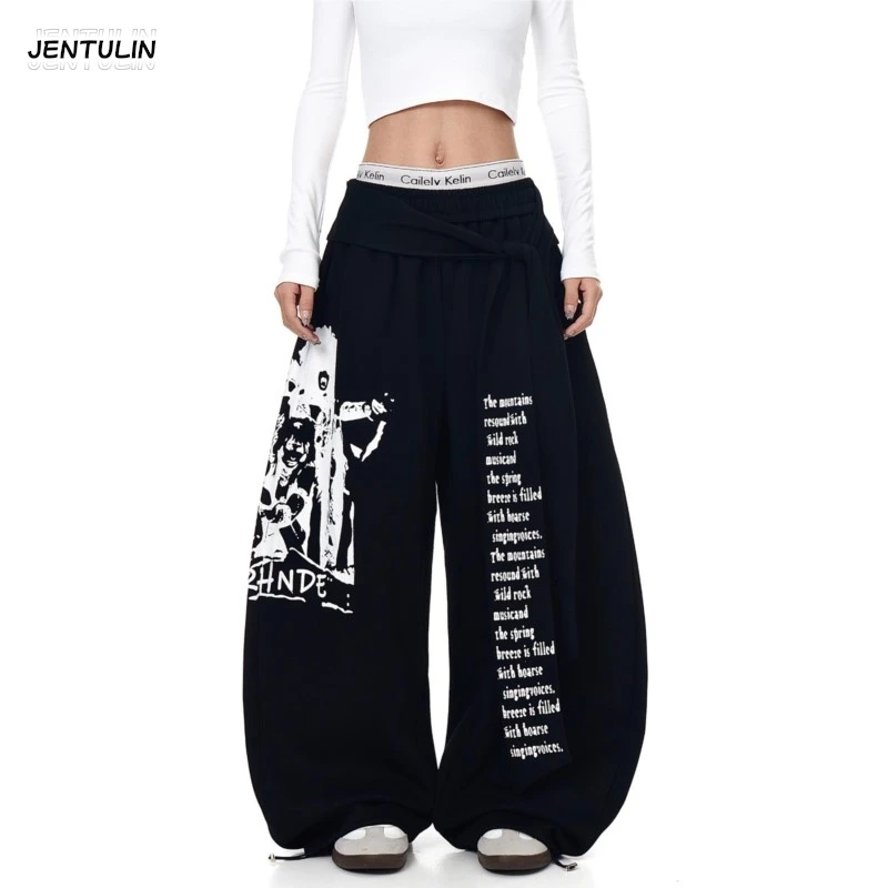 Harajuku 2000s Style Vintage Sweatpants Wide Leg Trousers Hip Hop Punk Streetwear Women Gray Gothic Baggy Y2k Letter Print Pants