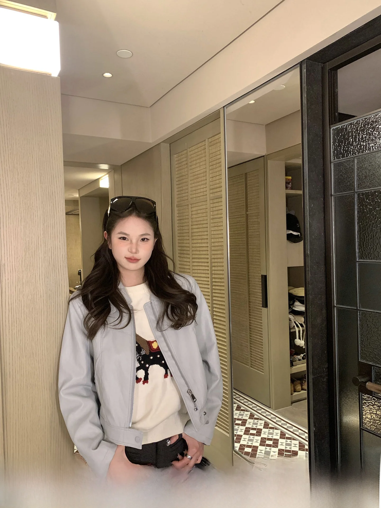

Anneop Korean Sle ort Leather Jaet Women's Casual Loose Fit Spring Bubble Salted Water Leather Coat