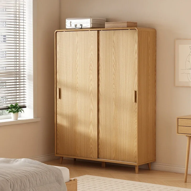 Bedroom space saving small apartment wardrobe solid wood frame large capacity storage locker sliding door wardrobe household