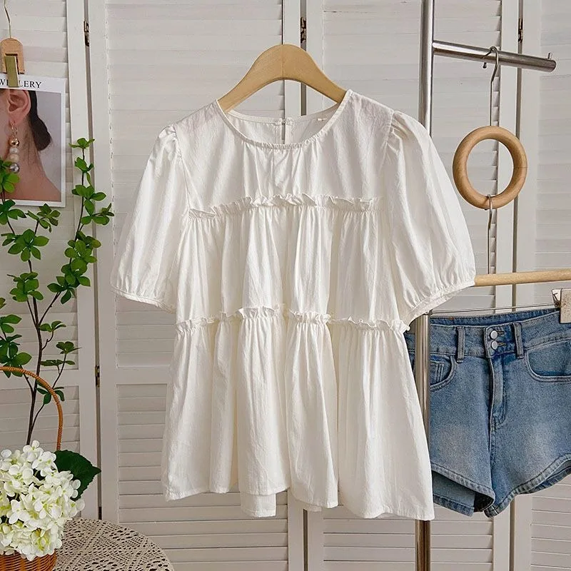 Ruffles Shirts and Blouses Korea Solid Summer Top Women 2024 Elegant and Youth Woman Blouses Solid Fashion Short Sleeve Clolthes