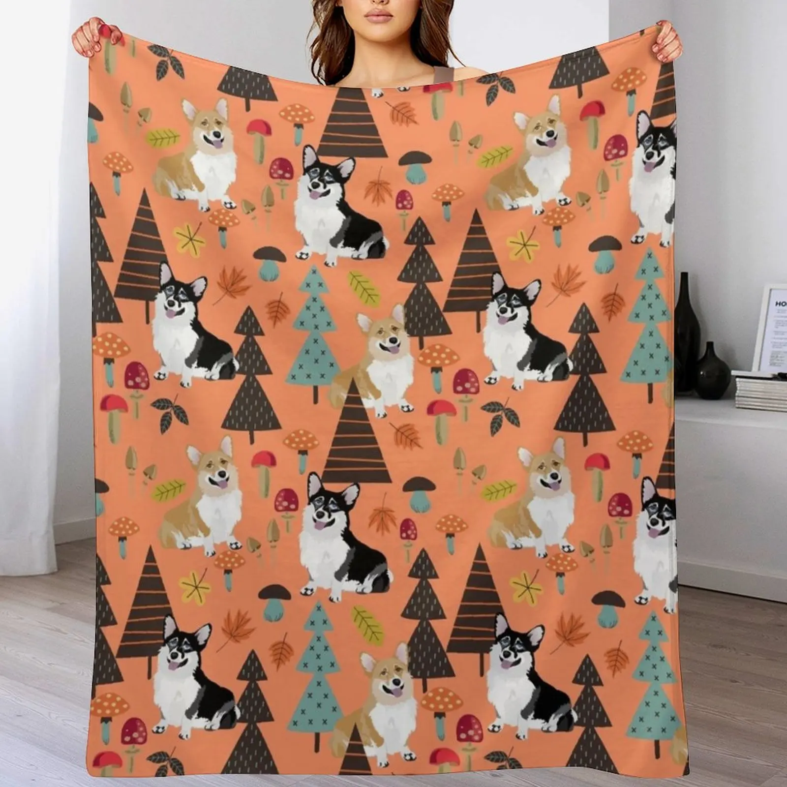 

Corgis In Fall Forest - Orange Throw Blanket Soft Plush Blanket as Housewarming Gift