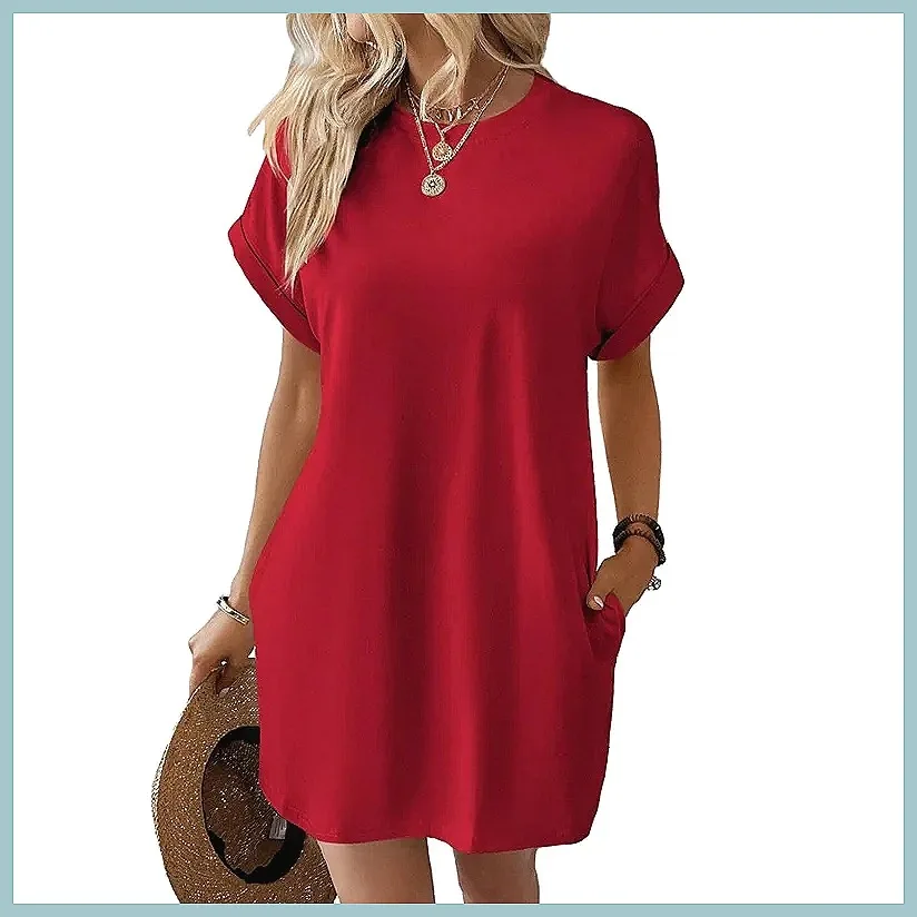 

Bohemian Summer Beach Dress 2025, Flowy Mini Dress with Pocket, Loose Short Sleeve Holiday Dress