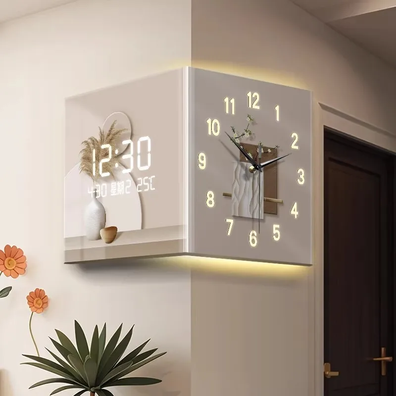 Simplified electronic clock, living room corner double-sided hanging clock, digital display screen, abstract wall clock painting