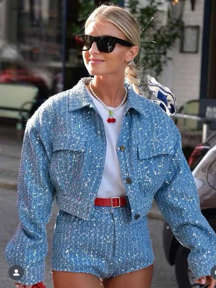 BKQU Pailletten Denim Tweedelige Shorts Set Damesmode Lange Mouw Zakjas En Jean Shorts 2025, Luxe Party Club Outfits