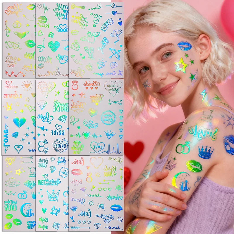 

Блестящая временная татуировка на День святого Валентина, наклейка с лазером, сердце любви, водонепроницаемая татуировка, наклейка для женщин и мужчин, боди-арт, поддельная татуировка