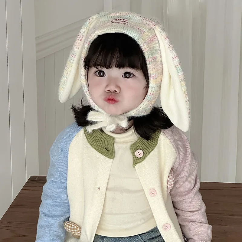 Red Plush Ball Lacing Ear Protection Cap Cute Long Ears Rabbit Headgear Bonnet Colorful Woolen Knit Hat Winter Warm Baby Beanies