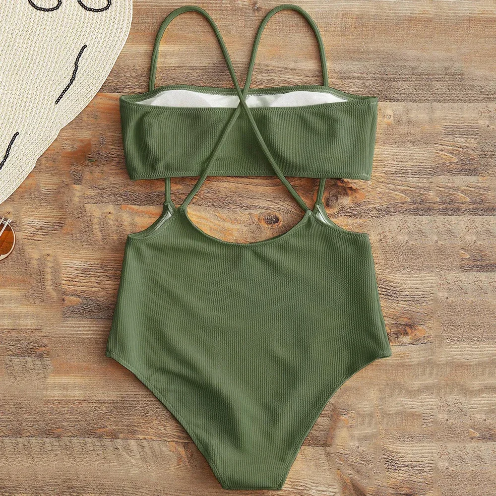 Geribbelde tweedelige badpak dames hoog uitgesneden monokini string badmode eendelig badpak twee stukken bikini set badpak zwemmen