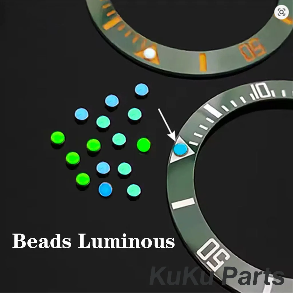 Weiße Uhrenlünette mit grün-blauen BGW9-Leuchtperlen, Submariner-Lünette, Uhrenteile, 12-Uhr-Position, Perlmuttperlen für RLX Seiko