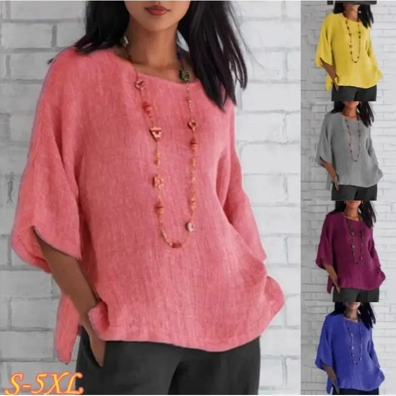 

Женская рубашка из хлопка и льна с рукавом три четверти, свободного кроя, для повседневной носки, модная и удобная.