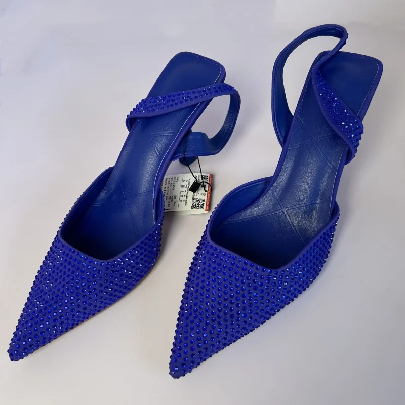 TRAF, zapatos de tacón alto azules de talla 42 para mujer, zapatos de tacón con diamantes de imitación ostentosos a la moda, zapatos de fiesta, sandalias sin talón para mujer