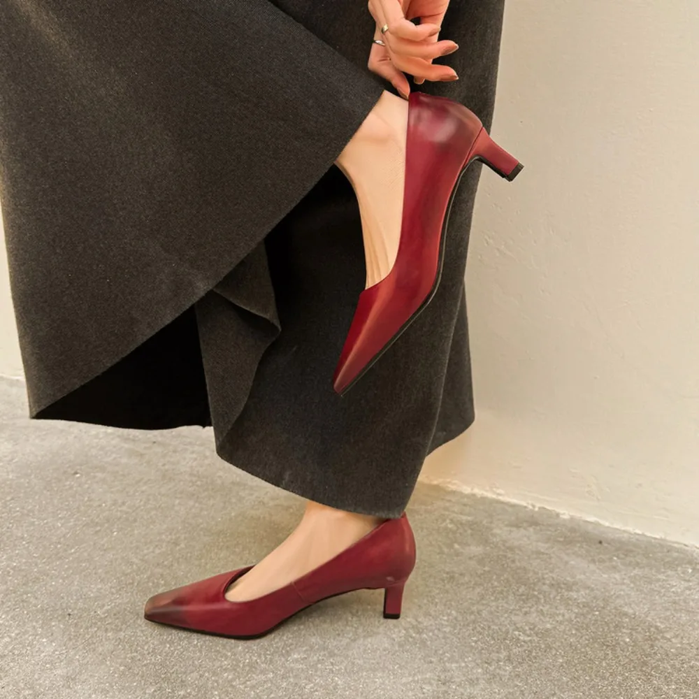 2026 New Retro Pointed - Toe Slingback Heels Women Wine - Red Leather Pumps for Commute Casual Slimming