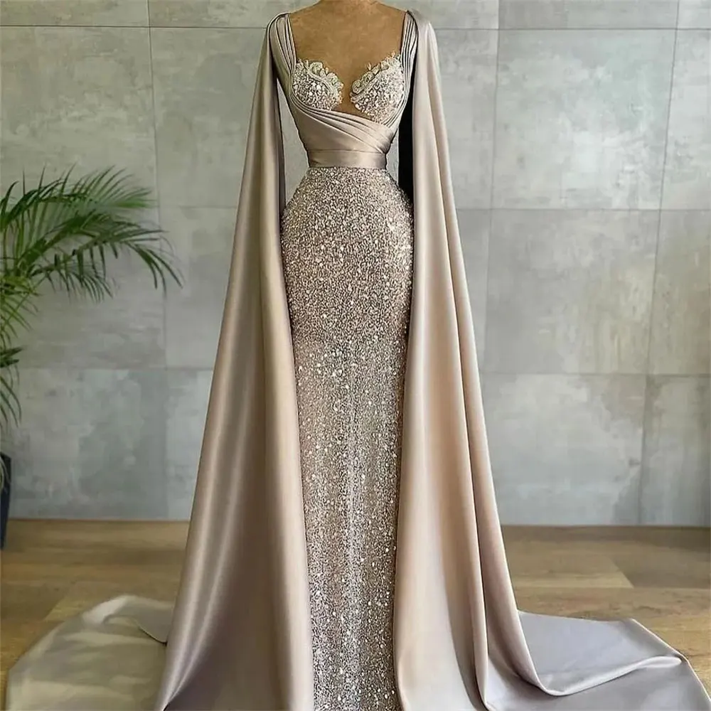 Arabic Glitter Sequined Evening Dresses with Cape Ruched Lace Appliques Sweetheart Prom Gown Formal Party Women Red Carpet Dress