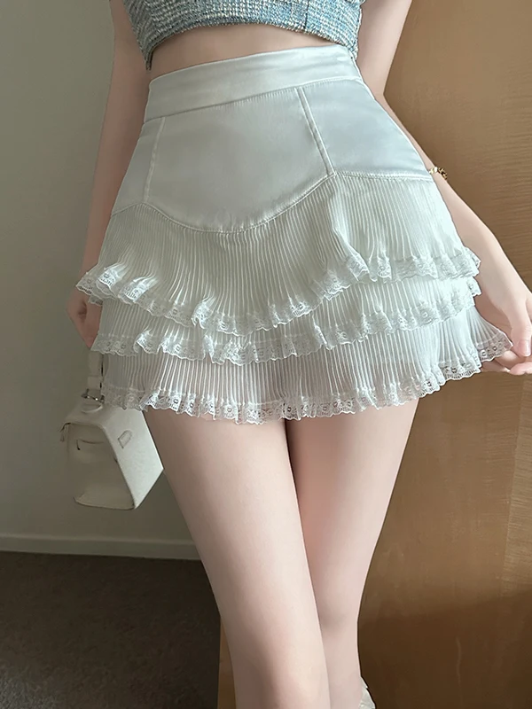 Pure Desire Lace Trim A-Line  Skirt Women's Summer Short Skirt Pleated High Waist Polyester Fiber Commute Style