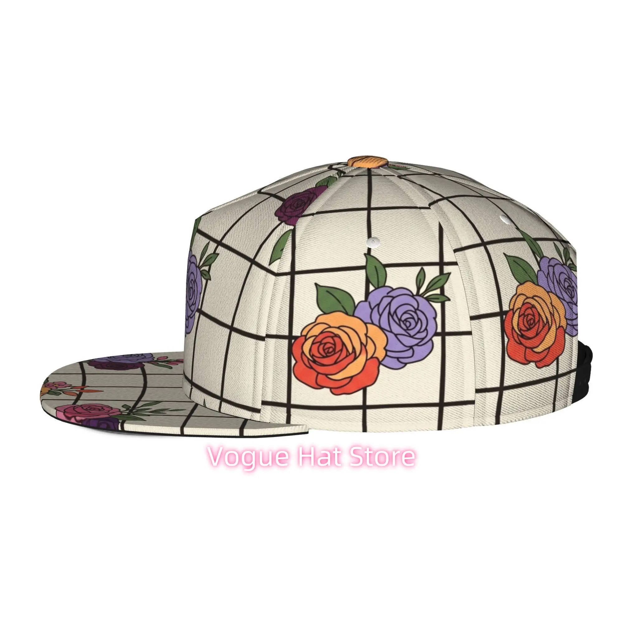 Men's and Women's Baseball Cap, Colorful Rose Pattern on Grid Background Adjustable Snap-on Brim, Flat-top Design - Suitable for