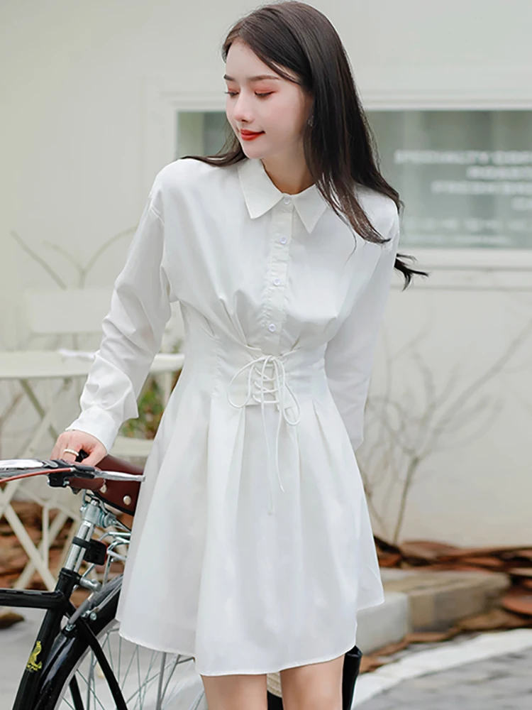 White Long Sleeve Bow Bandage Bodycon Midi Dress Wome Autumn Elegant Polo Collar Shirt Dress 2024 Korean Fashion Chic Prom Dress