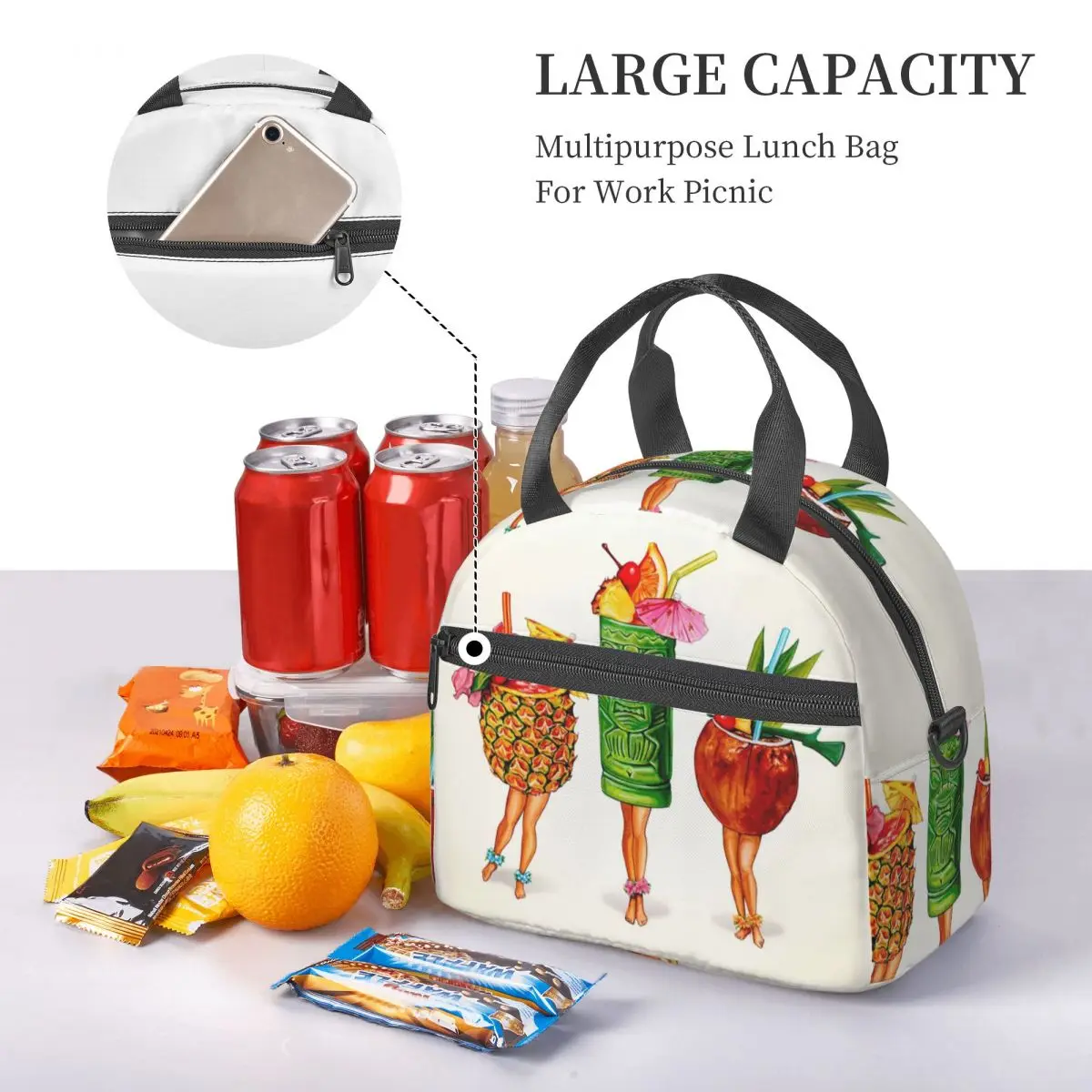 Tiki Cocktail Pin-Up Lunch Bags Insulated Bento Box Leakproof Lunch Tote Picnic Bags Cooler Bag for Woman Girl