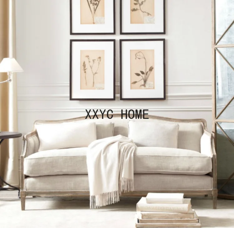 

French retro solid wood fabric sofa single double triple combination living room small apartment American country oak