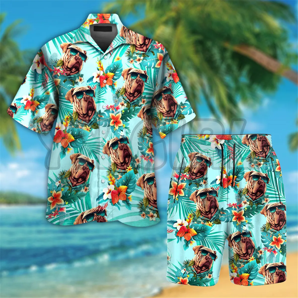 Shih Tzu Dog Wearing Sunglass Funny Colorful Hawaiian Shirt 3D Printed Hawaiian Shirt+Beach Shorts Men Love Dog Gift