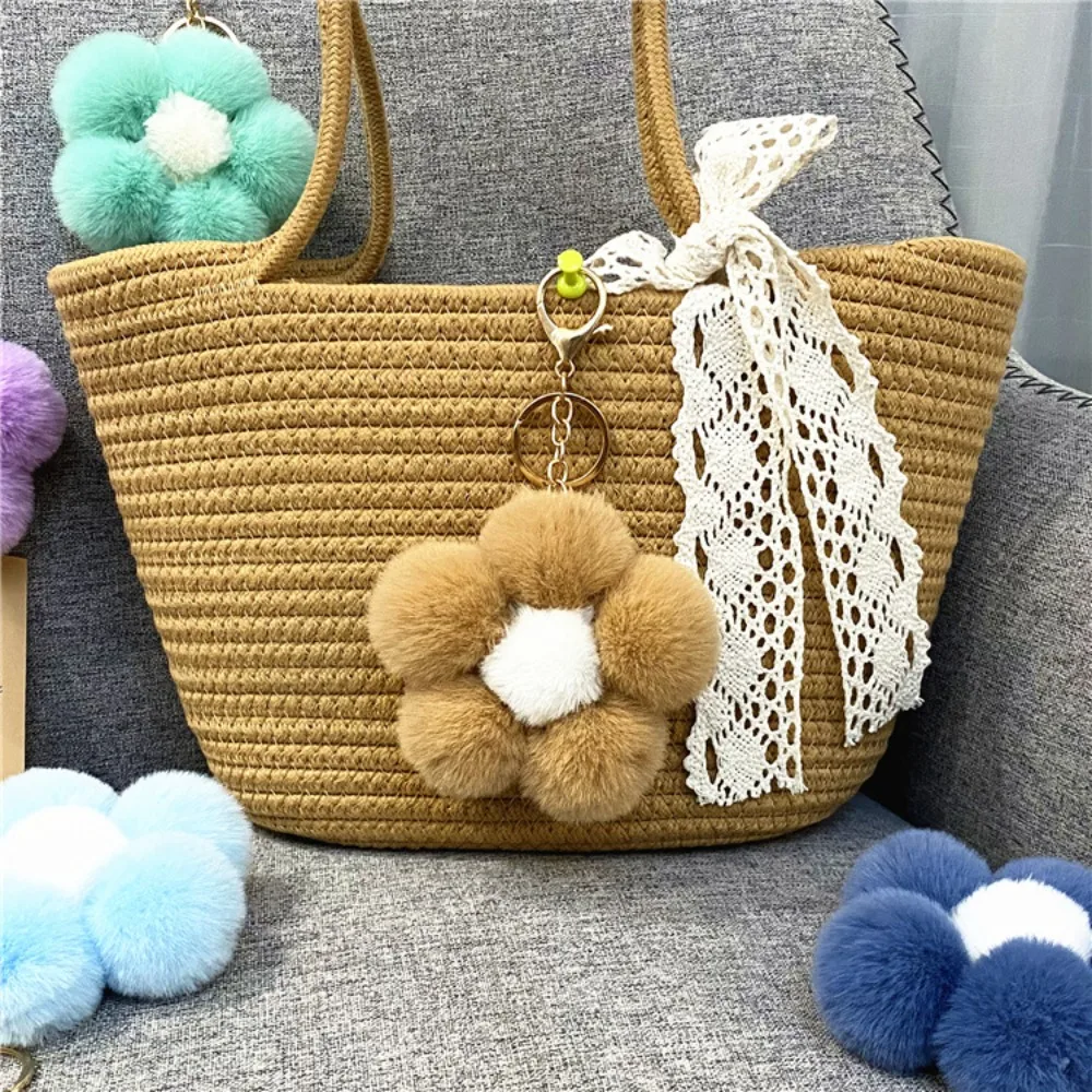 Soft Plush Flower Keychain Pom Pom Ball Multicolor Plush Bag Pendant Flower Key Ring Gift