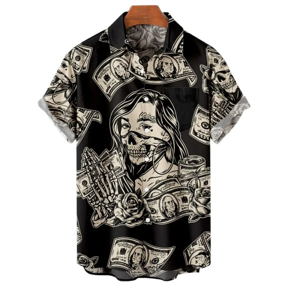 2022 Summer Shirts For Men 3d Vintage Horror Skull Rocker Print Gothic Rockabilly Hawaiian Shirt Short Sleeve Top Male Clothes