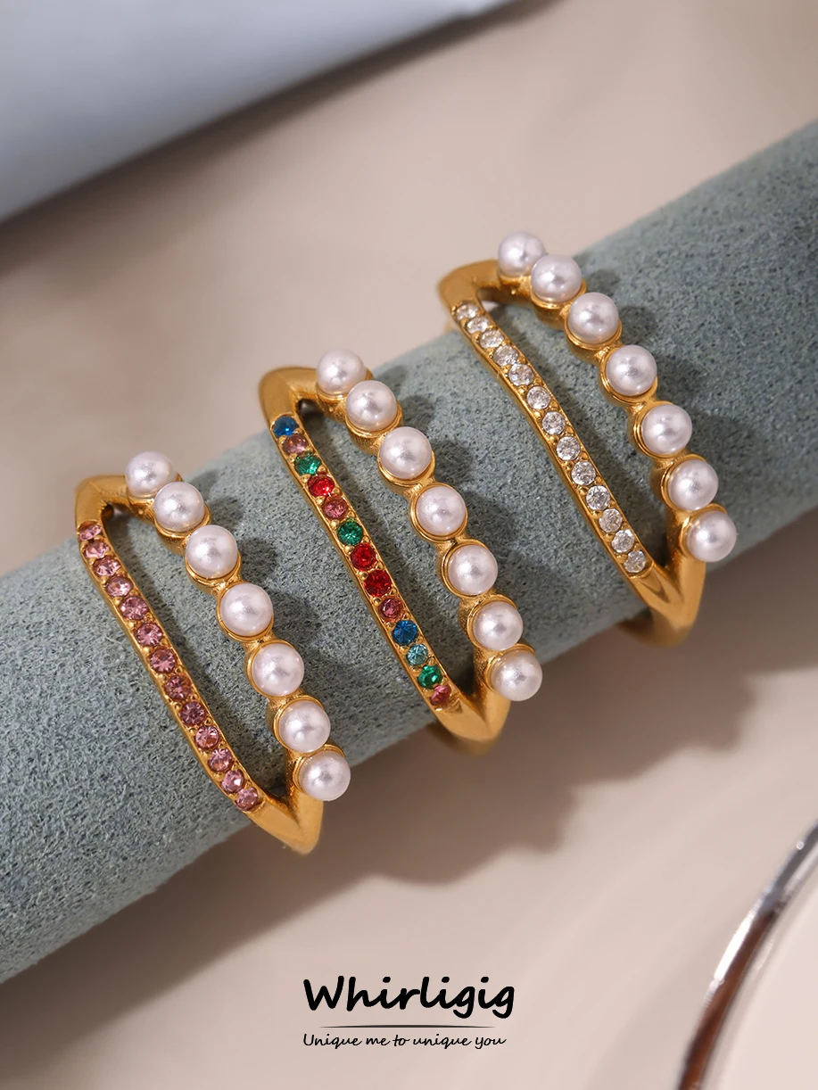 Bagues élégantes en acier inoxydable imperméables pour femmes, plaquées or 18 carats avec zircon coloré et breloque en perle simulée
