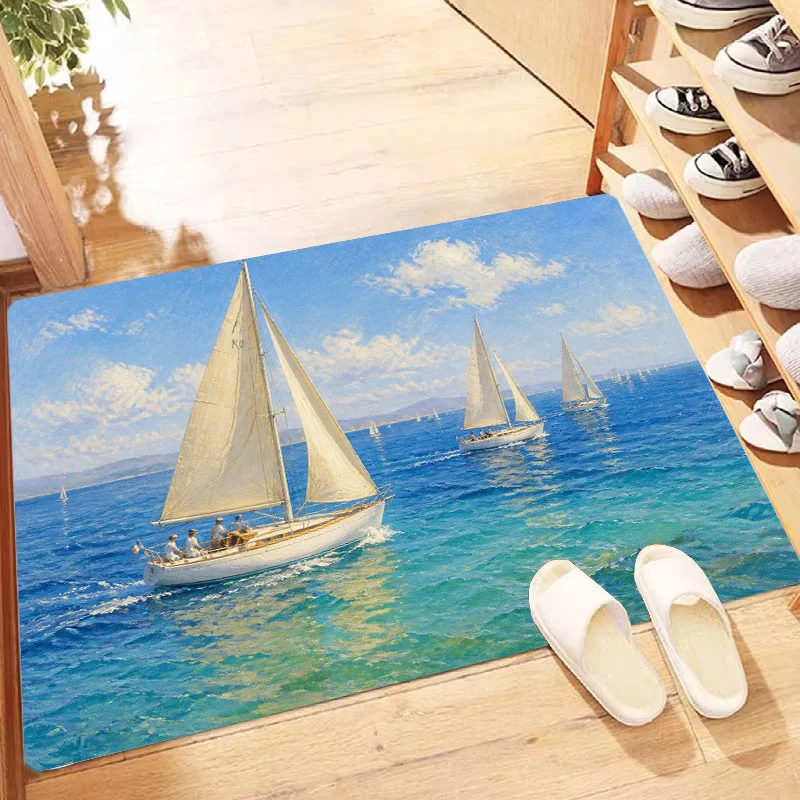 Sailboat Ocean View Area Rug Nautical Seascape Design Non Slip Indoor Entrance Mat For Living Room Hallway Decoration Idea