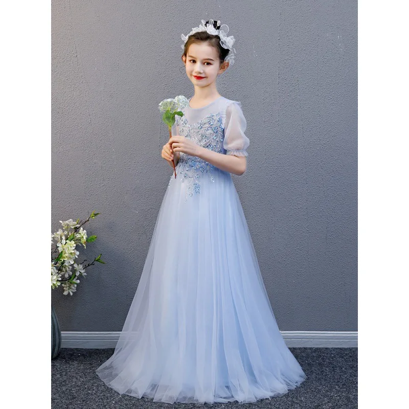 Children's Guzheng Performance Costume for Girls, Blue Long Festival Performance Dress, Chinese Style Little Host Dress, Princes
